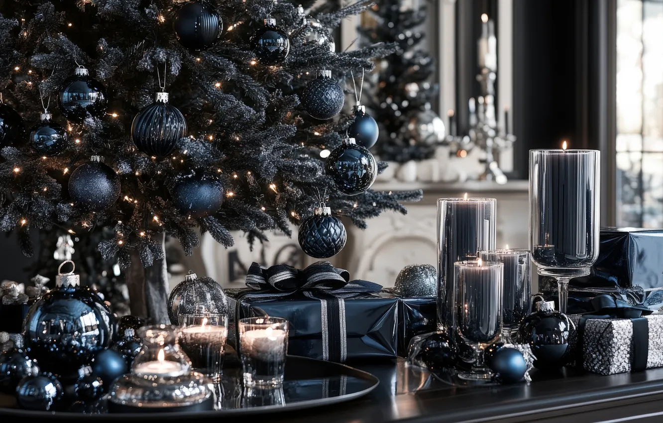 Photo wallpaper holiday, balls, tree, interior, candles, Christmas, decor, serving