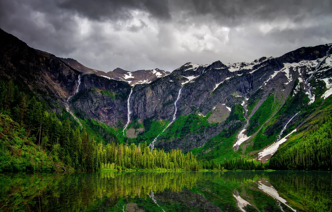 Photo wallpaper greens, forest, the sky, clouds, trees, mountains, clouds, lake