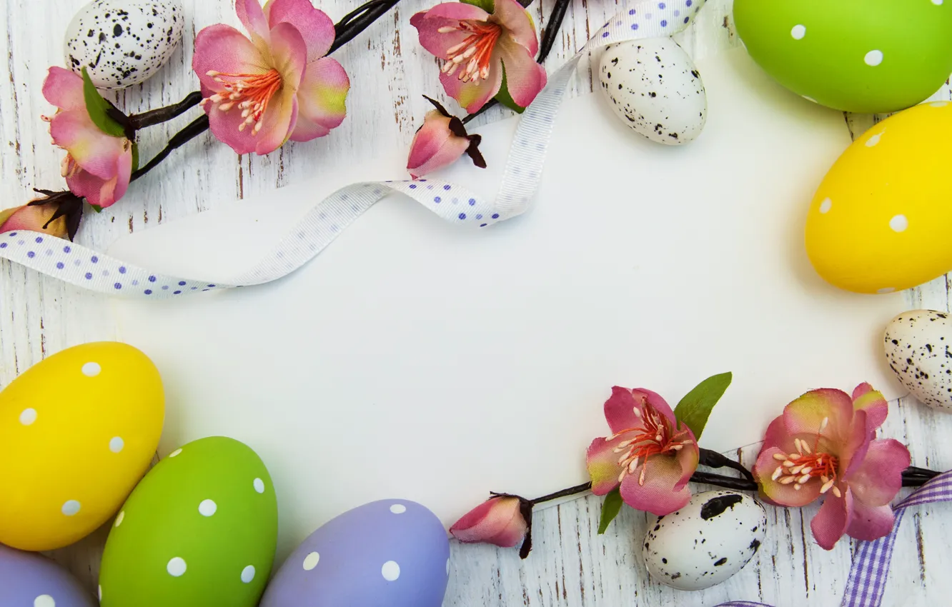 Photo wallpaper flowers, eggs, spring, colorful, Easter, wood, pink, blossom