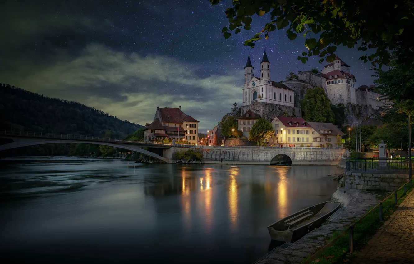 Photo wallpaper the sky, river, castle, boat, building, home, Switzerland, Church