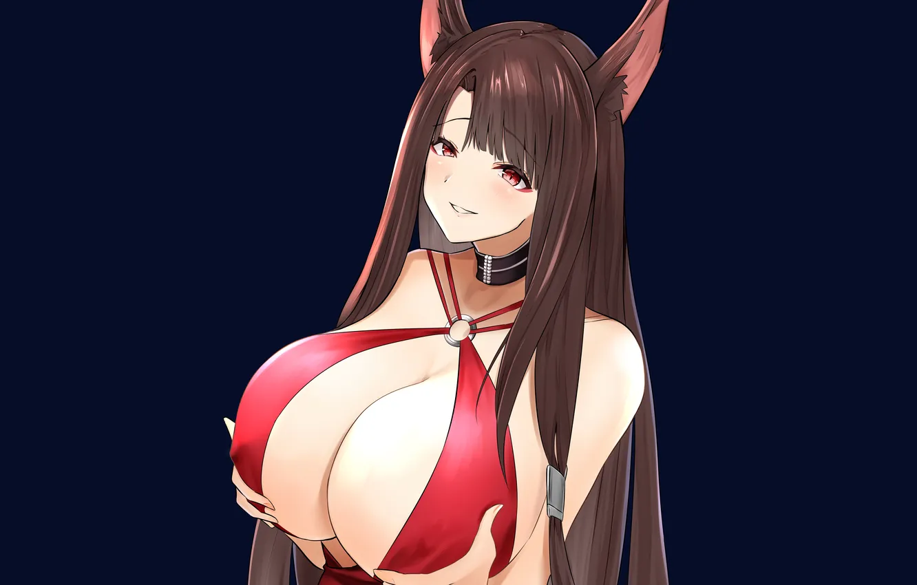 Photo wallpaper girl, sexy, cleavage, long hair, dress, brown hair, boobs, animal ears