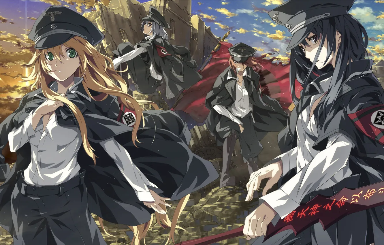 Photo wallpaper girl, sword, art, form, ruins, cap, banner, g yuusuke
