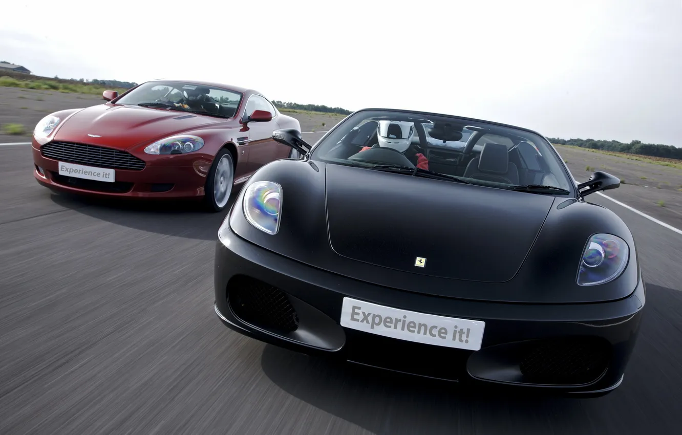 Photo wallpaper the sky, asphalt, race, Aston Martin, Ferrari, Ferrari F430 Spider, Aston Martin Vantage