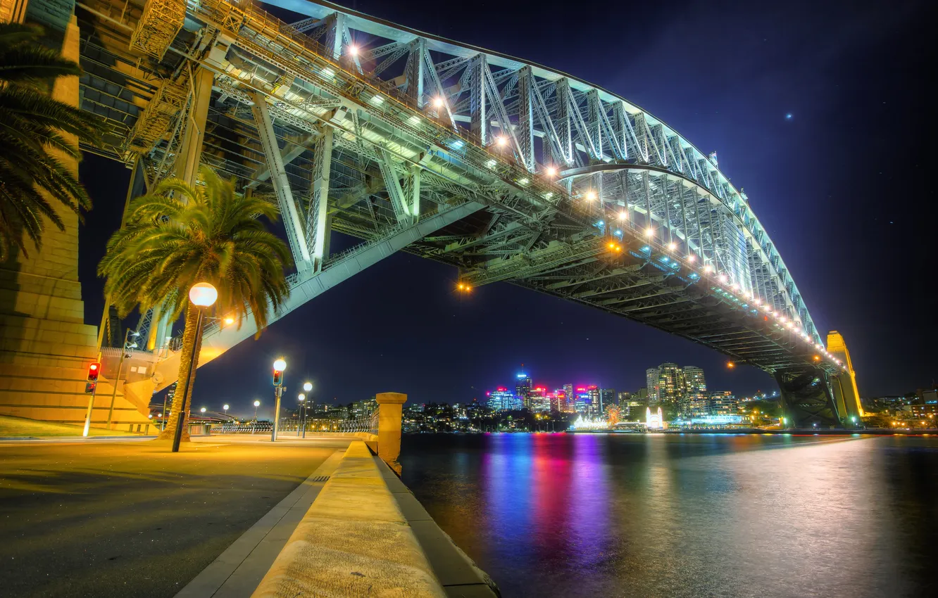 Photo wallpaper bridge, lights, home, the evening, lights, promenade, Australia, Sydney