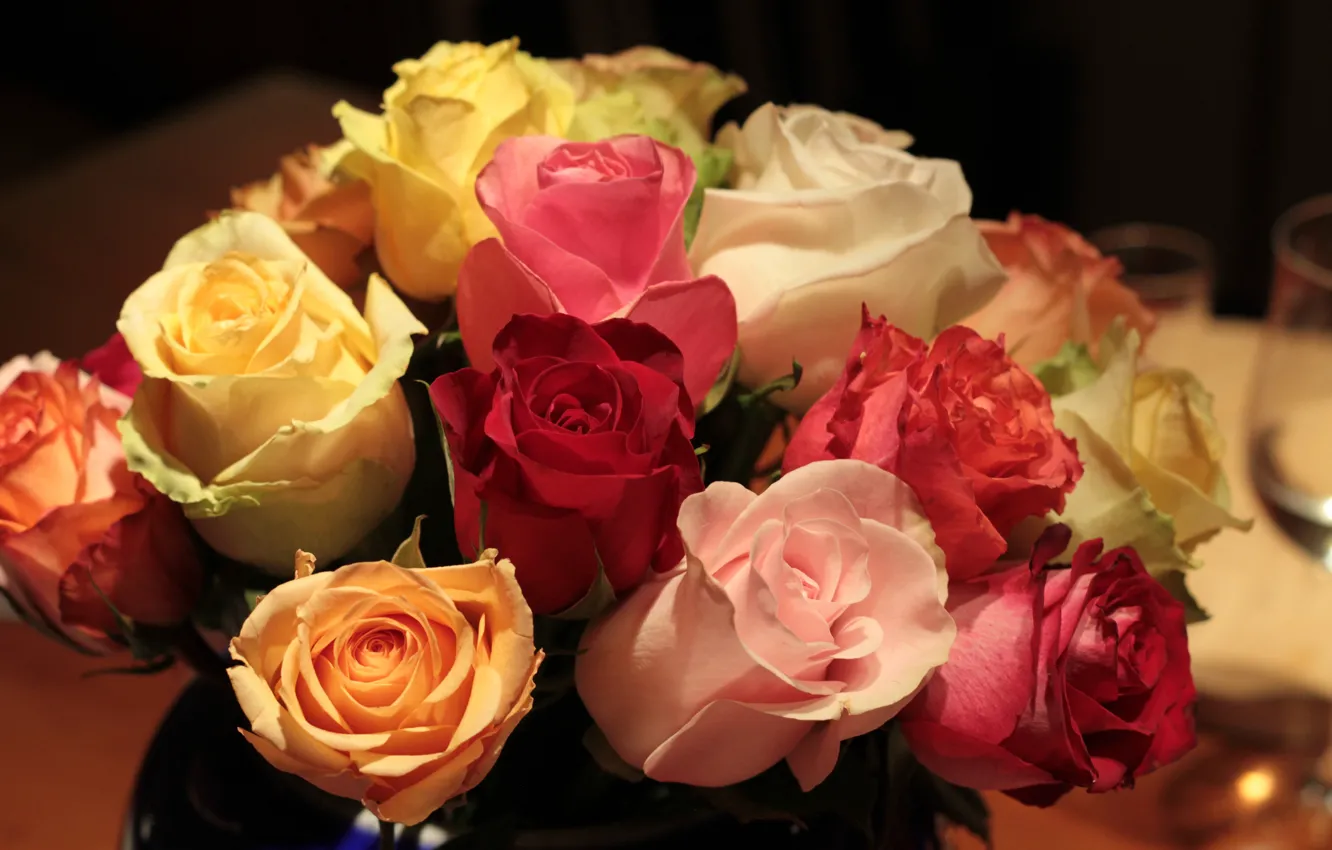 Photo wallpaper roses, bouquet, glasses, buds, colorful, bokeh, closeup