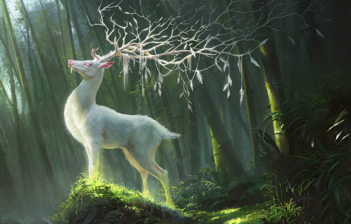 Photo wallpaper fantasy, forest, horns, animal, digital art, artwork, branches, fantasy art