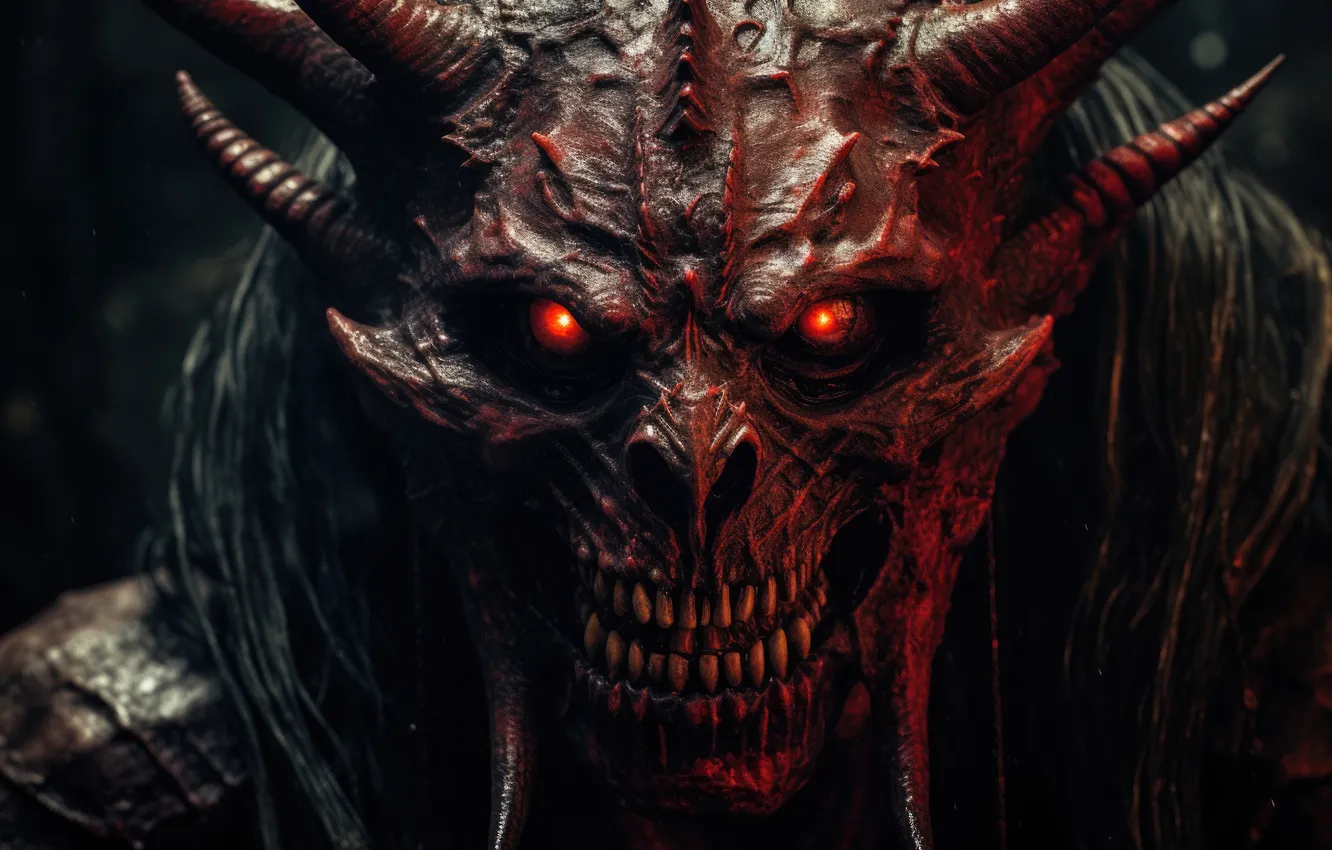 Photo wallpaper demon, red, horns, eyes, scaly skin