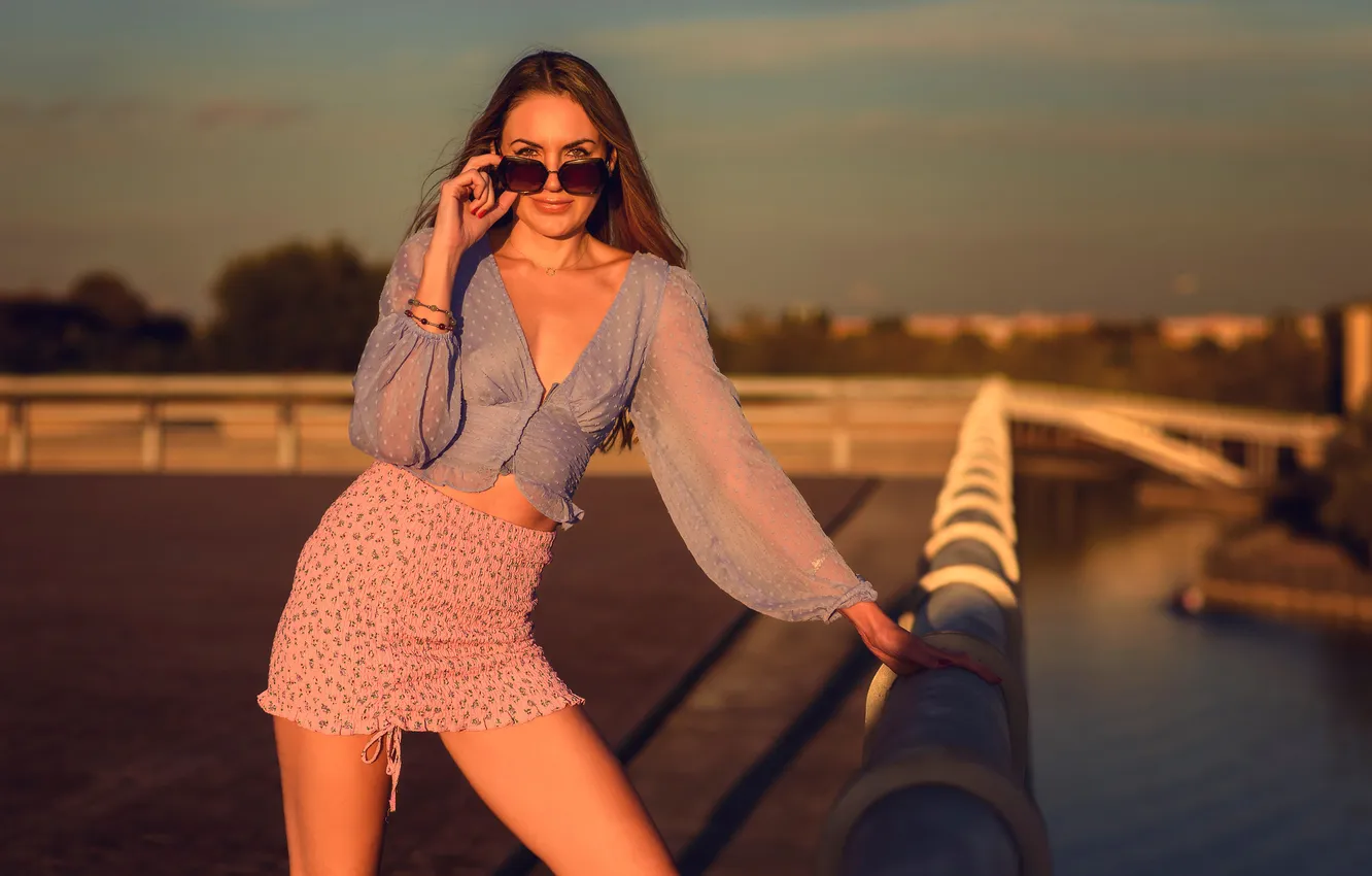 Photo wallpaper girl, pose, skirt, glasses, blouse, long hair, Esmeralda