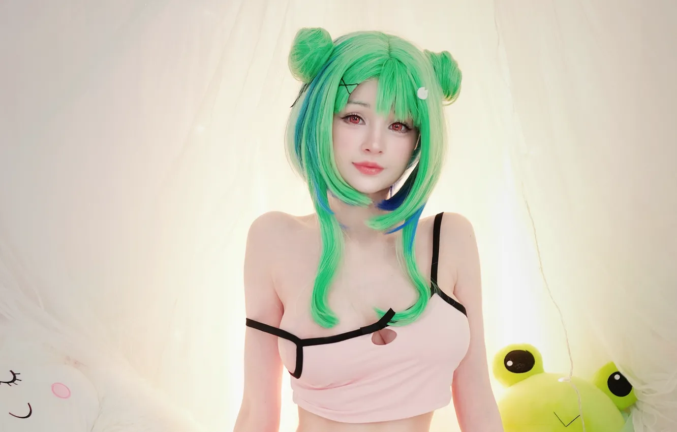 Photo wallpaper girl, sexy, cleavage, long hair, boobs, beautiful, red eyes, pretty