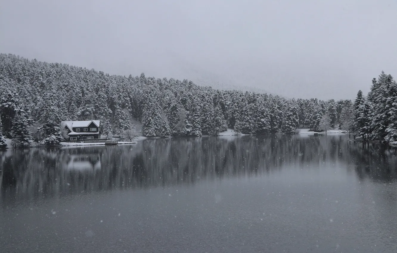 Photo wallpaper house, winter, lake, snow
