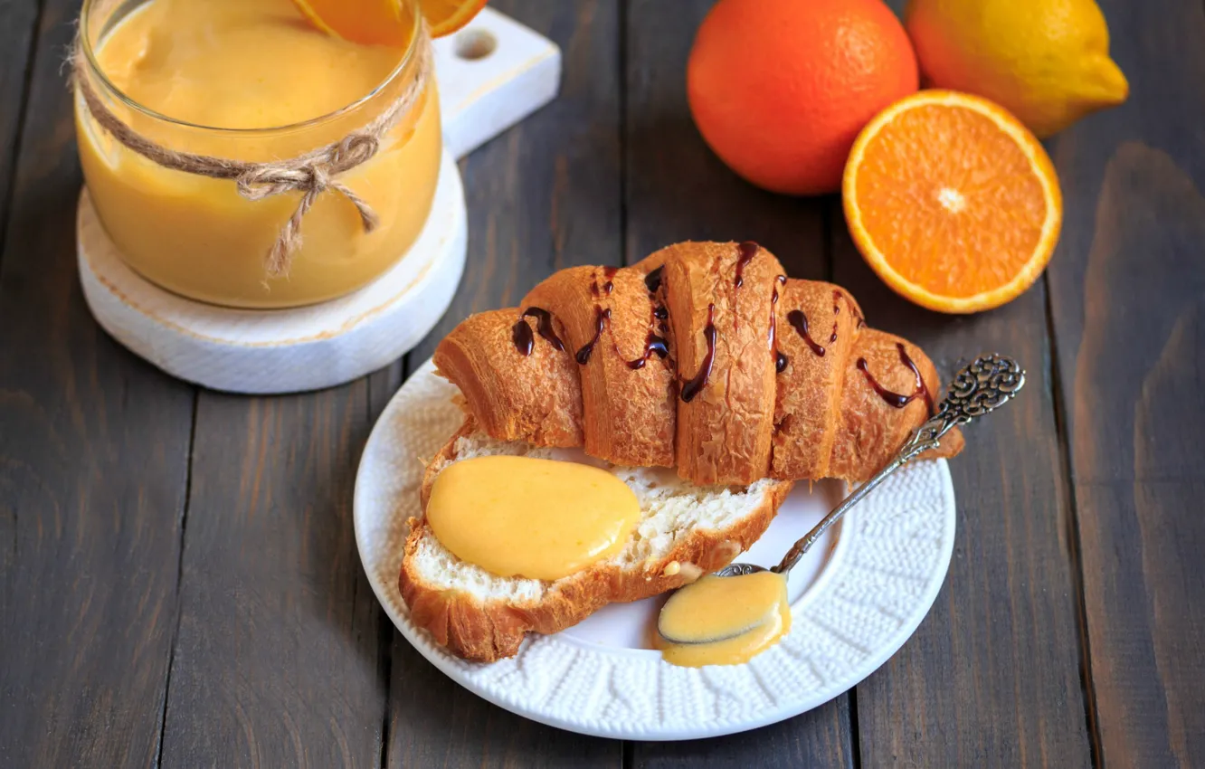 Photo wallpaper lemon, orange, chocolate, condensed milk, croissant