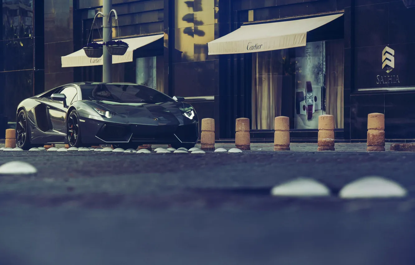 Photo wallpaper Lamborghini, Shooting, Front, Black, LP700-4, Aventador, Photography, Supercar