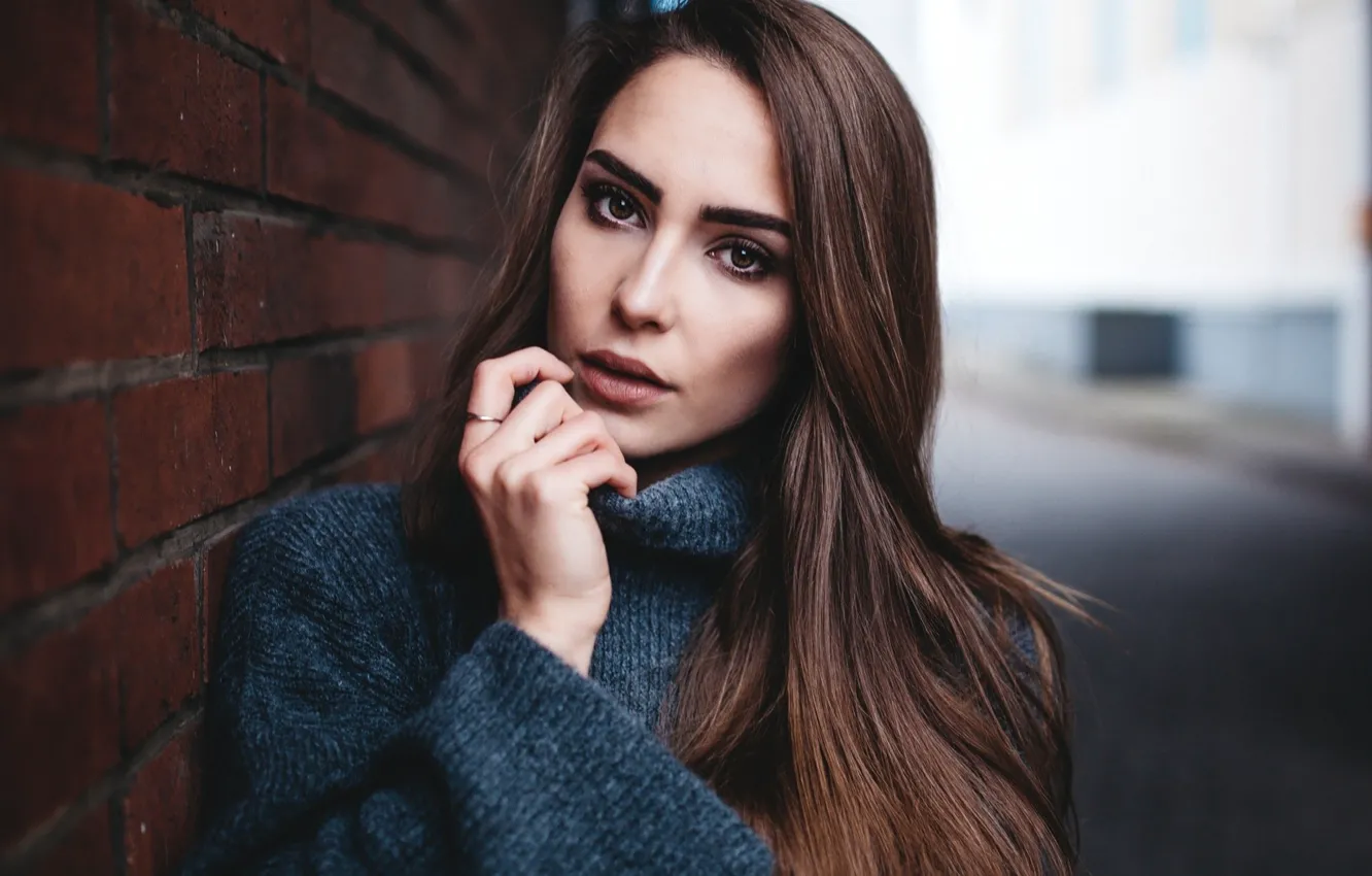 Photo wallpaper look, pose, model, portrait, brick, hands, makeup, hairstyle