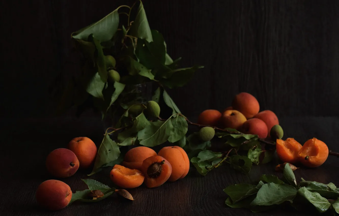 Photo wallpaper leaves, the dark background, food, fruit, still life, composition, apricots