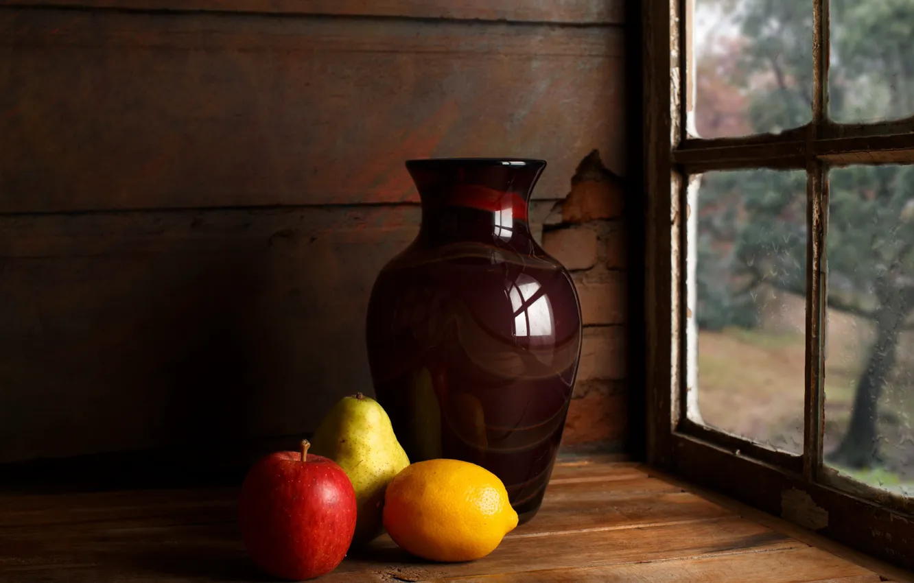 Photo wallpaper lemon, Apple, pear, pitcher, still life