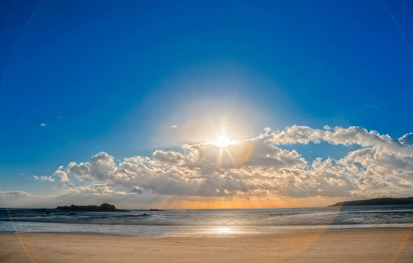 Photo wallpaper sand, beach, the sky, the sun, clouds, glare