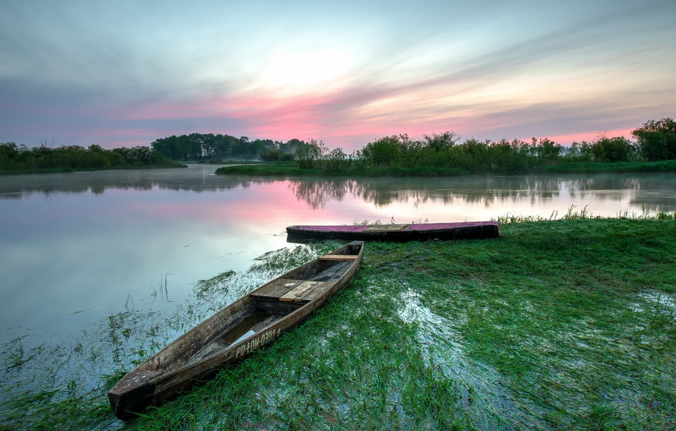 Photo wallpaper summer, lake, dawn, boats, morning, Poland, The Biebrza national Park
