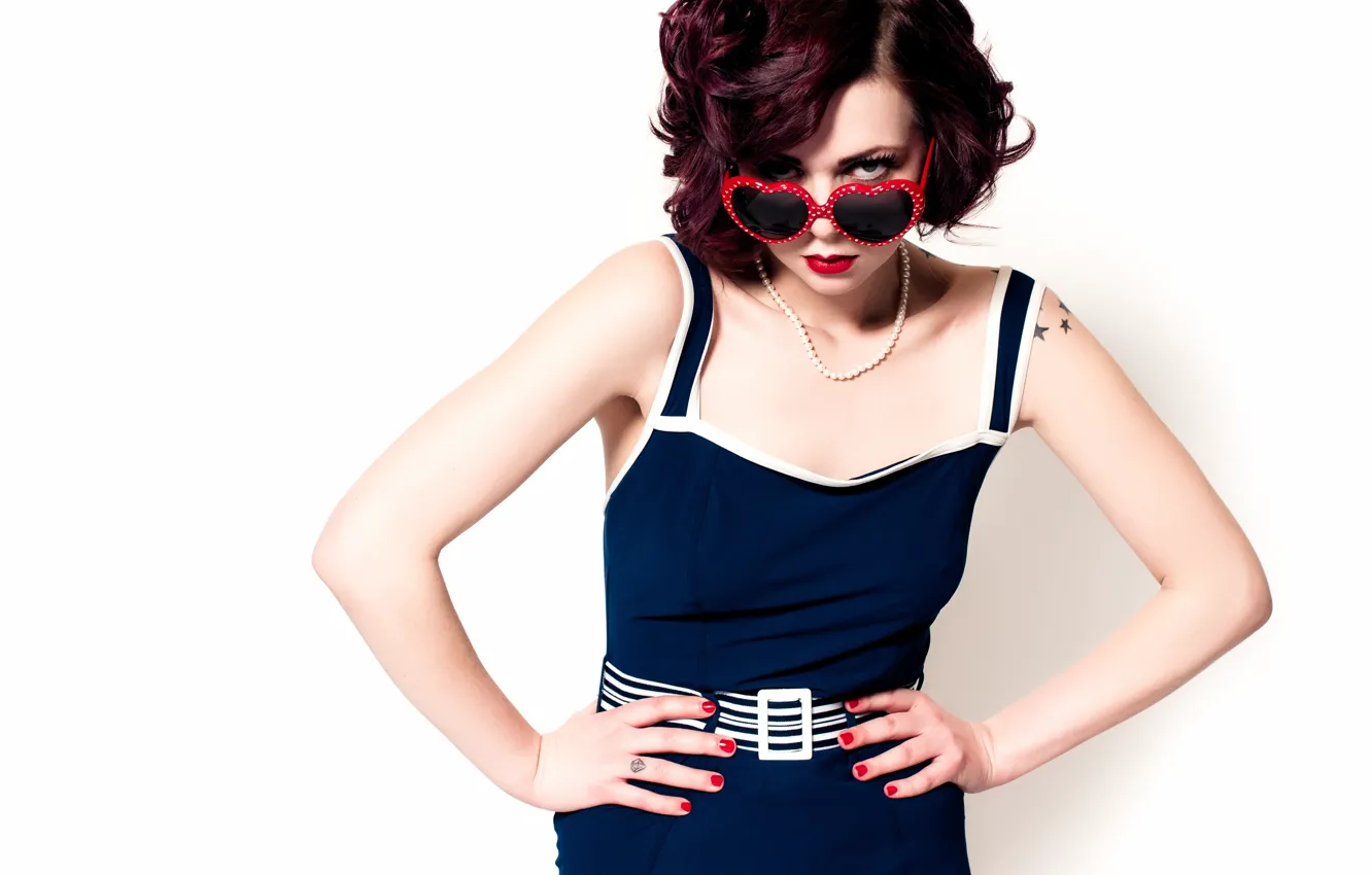 Photo wallpaper glasses, Redhed, blue dress, heart shaped