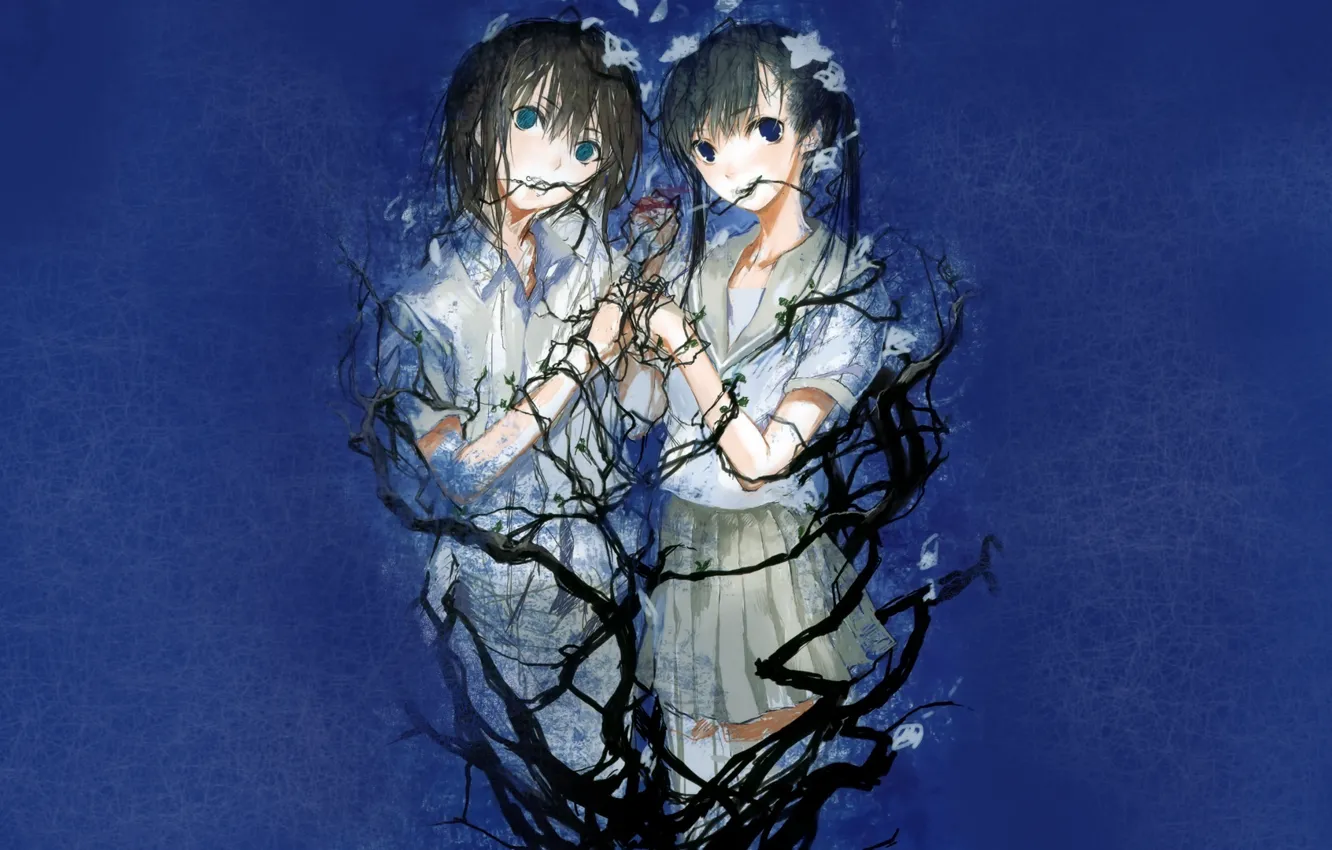 Photo wallpaper branches, girls, blue background