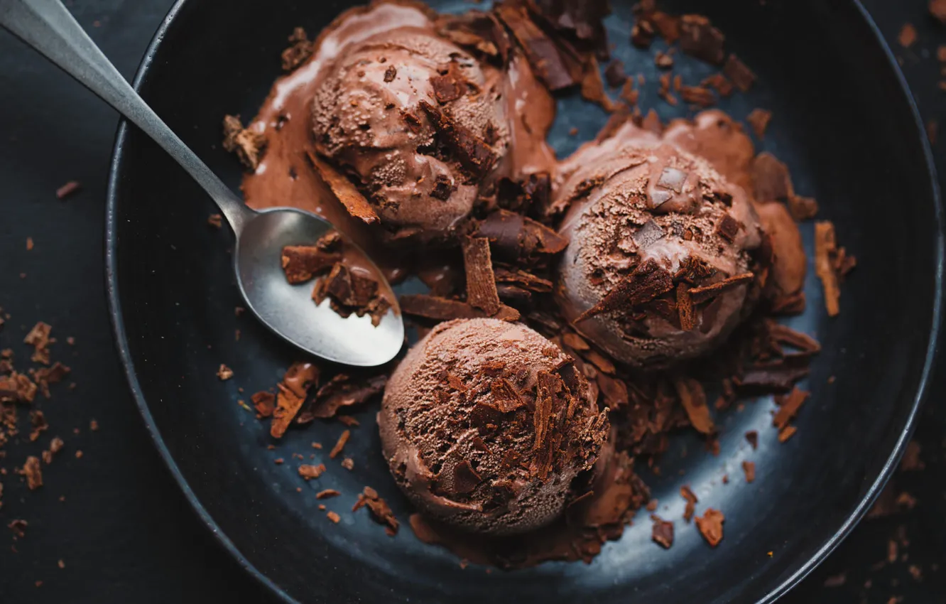 Photo wallpaper balls, the dark background, chocolate, plate, spoon, ice cream, pan, chocolate ice cream