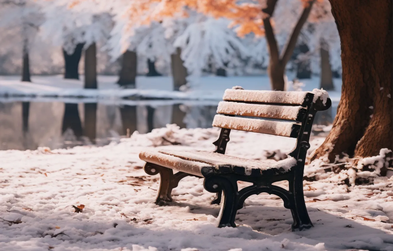 Photo wallpaper winter, autumn, leaves, snow, bench, Park, trees, park