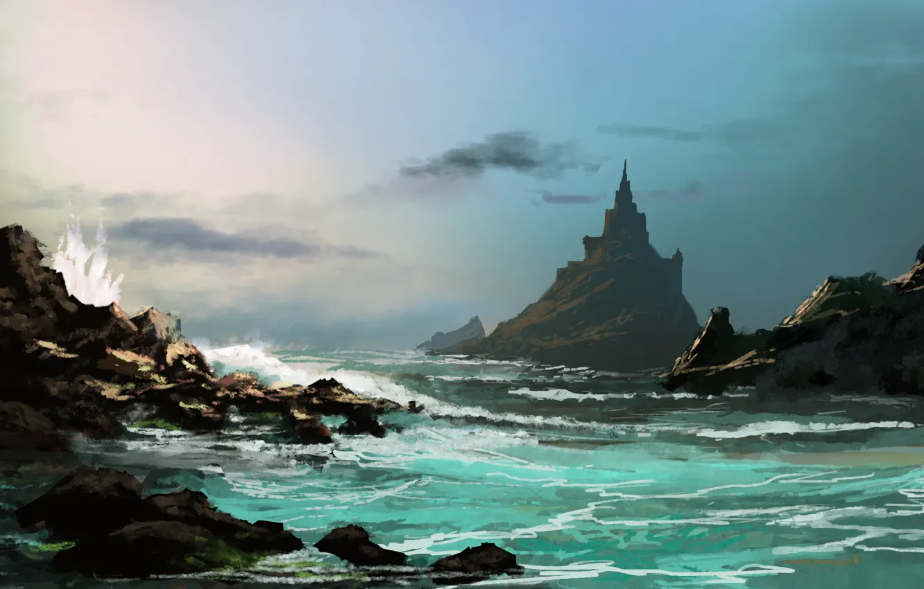 Photo wallpaper sea, wave, rocks, art, painted landscape