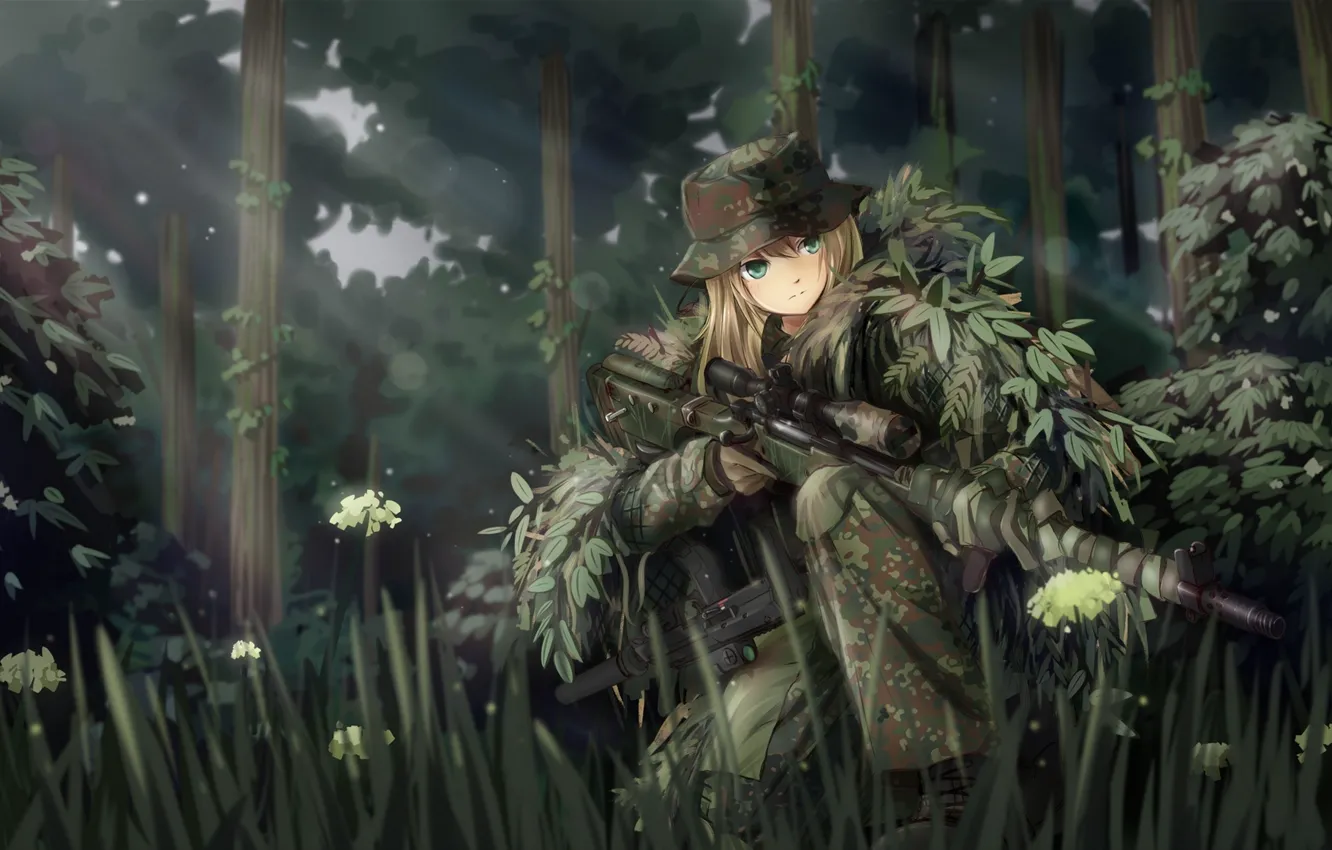 Photo wallpaper forest, girl, weapons, soldiers, sniper, camouflage, art, tc1995