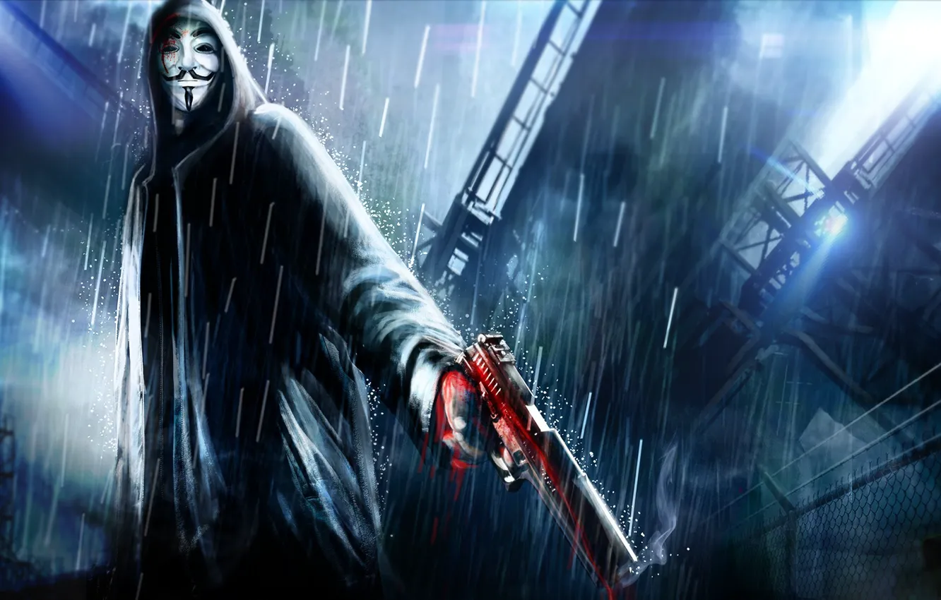 Photo wallpaper night, the city, gun, weapons, rain, art, hood, v for vendetta