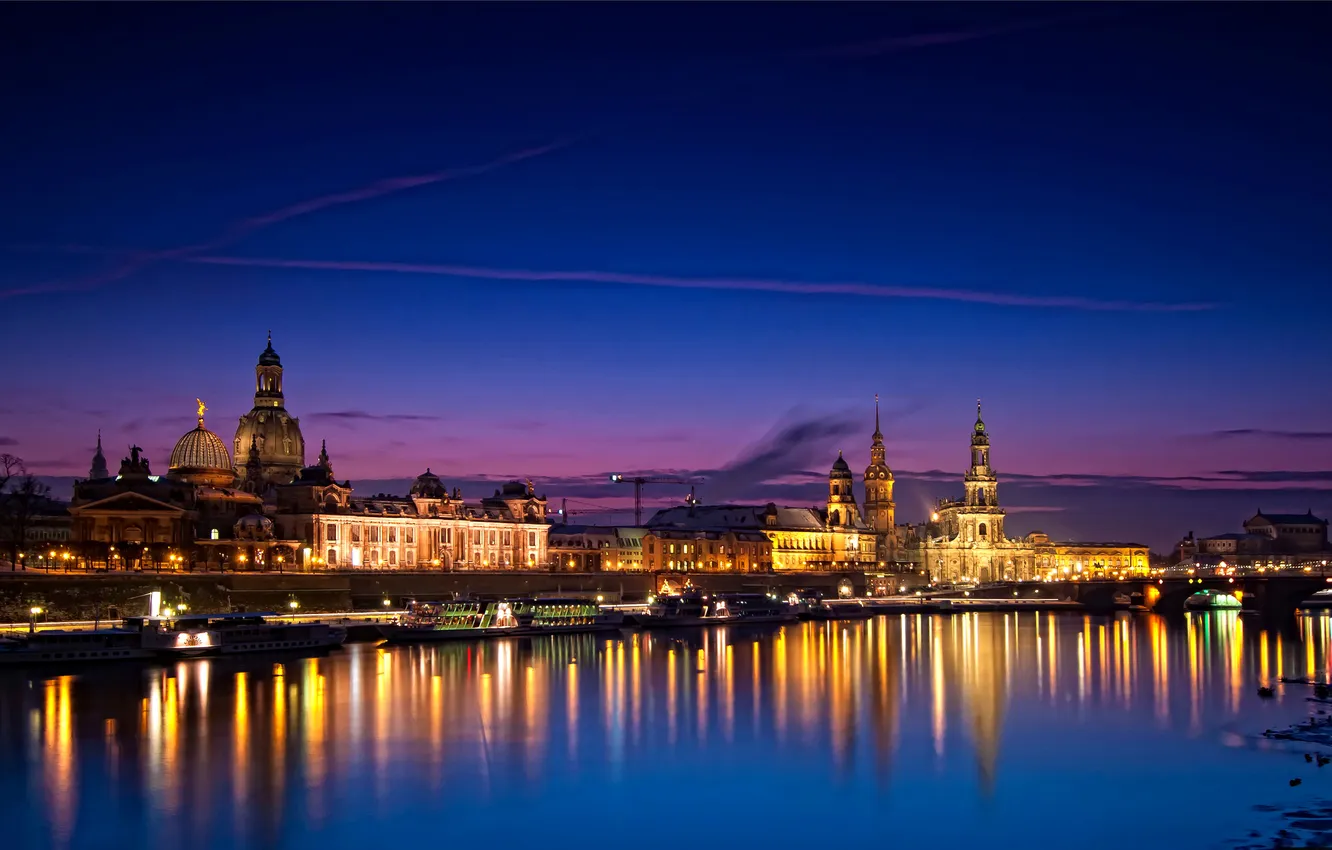 Photo wallpaper night, bridge, lights, river, home, Germany, Dresden, palaces