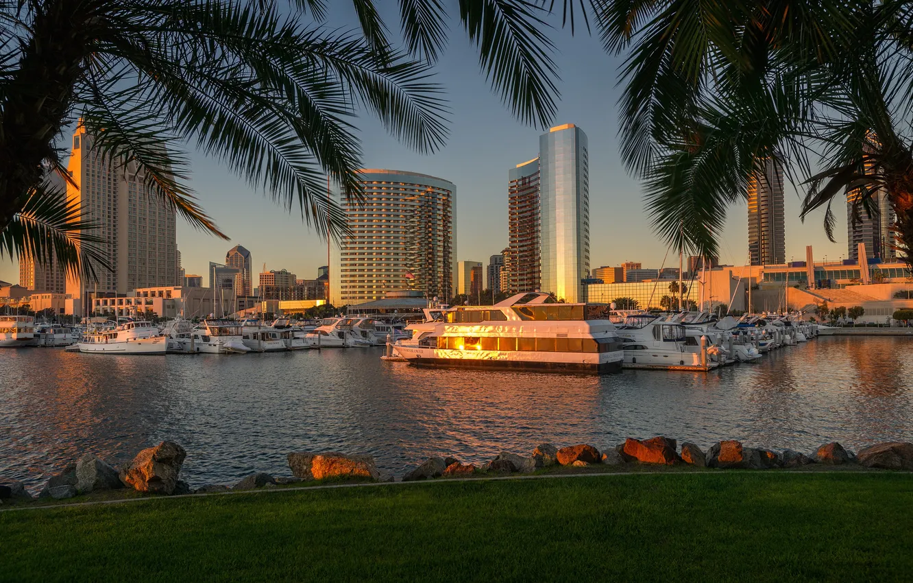 Photo wallpaper grass, sunset, stones, palm trees, coast, home, pier, boat