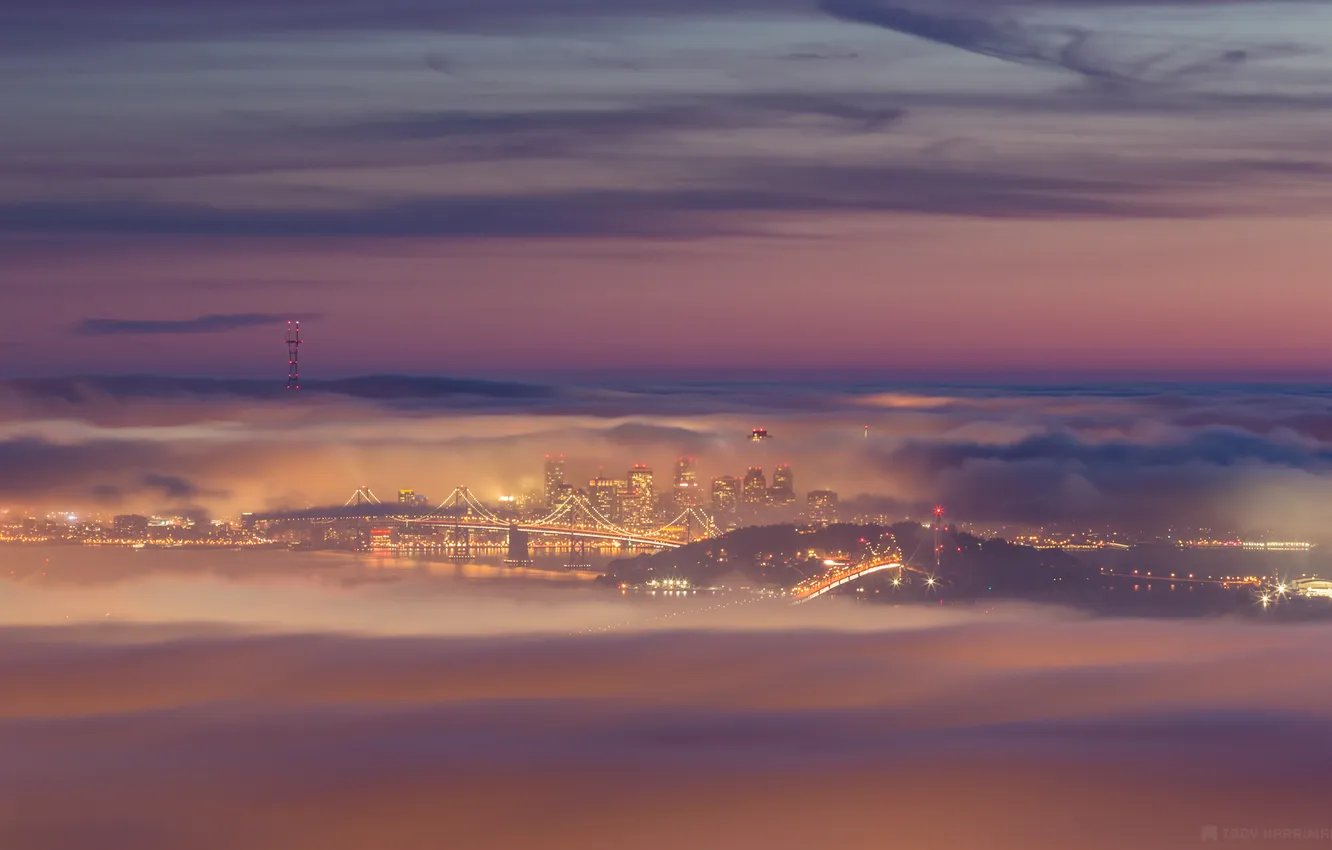Photo wallpaper sunset, the city, fog, CA, San Francisco, USA, the Bay bridge