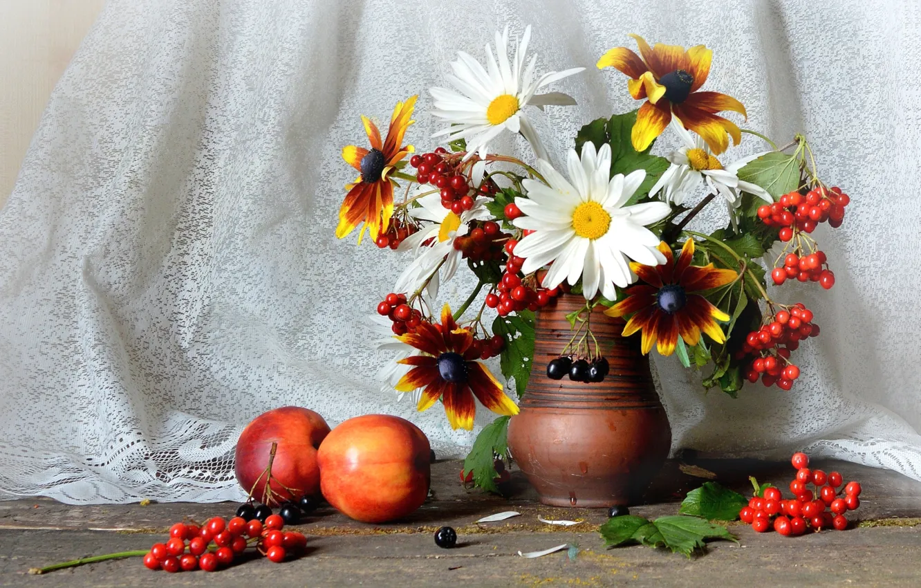 Photo wallpaper chamomile, bouquet, still life, Kalina, nectarines, rudbeckia, Aronia