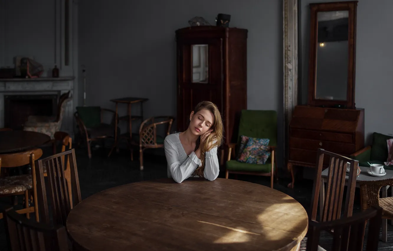 Photo wallpaper girl, sweetheart, model, interior, blouse, light, brown hair, white