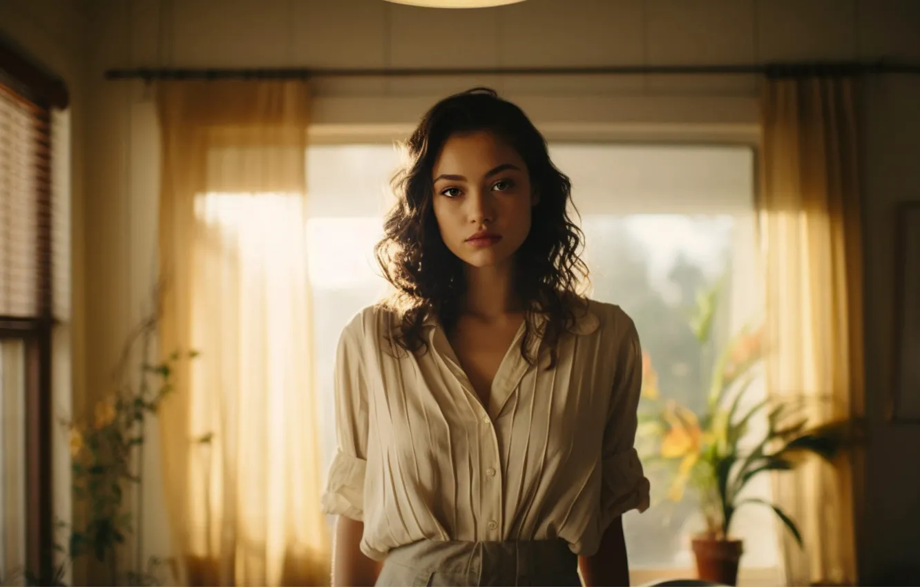 Photo wallpaper look, girl, light, pose, room, portrait, brunette, window