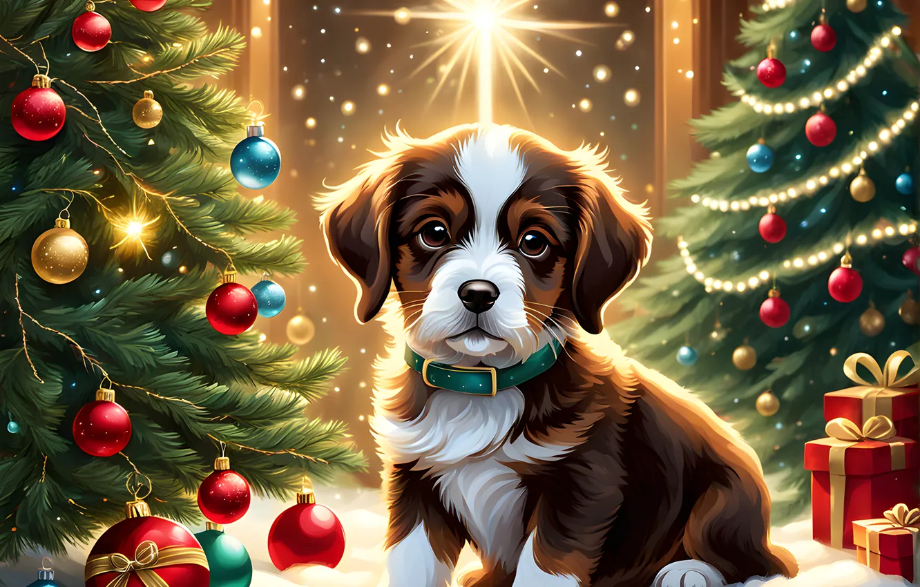 Photo wallpaper winter, balls, rays, light, snow, lights, gift, new year