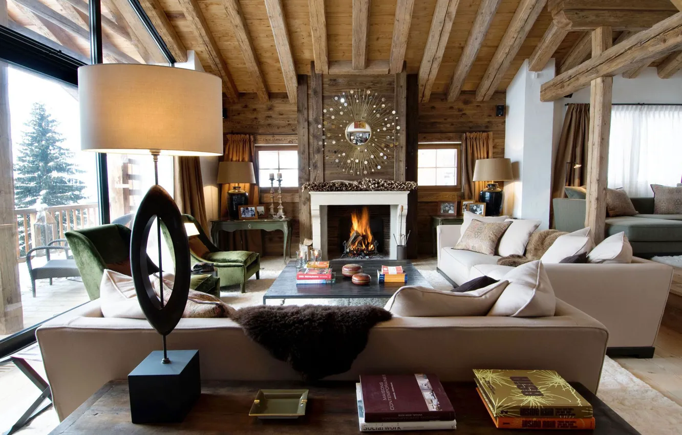 Photo wallpaper style, interior, fireplace, living room, Luxury Chalet