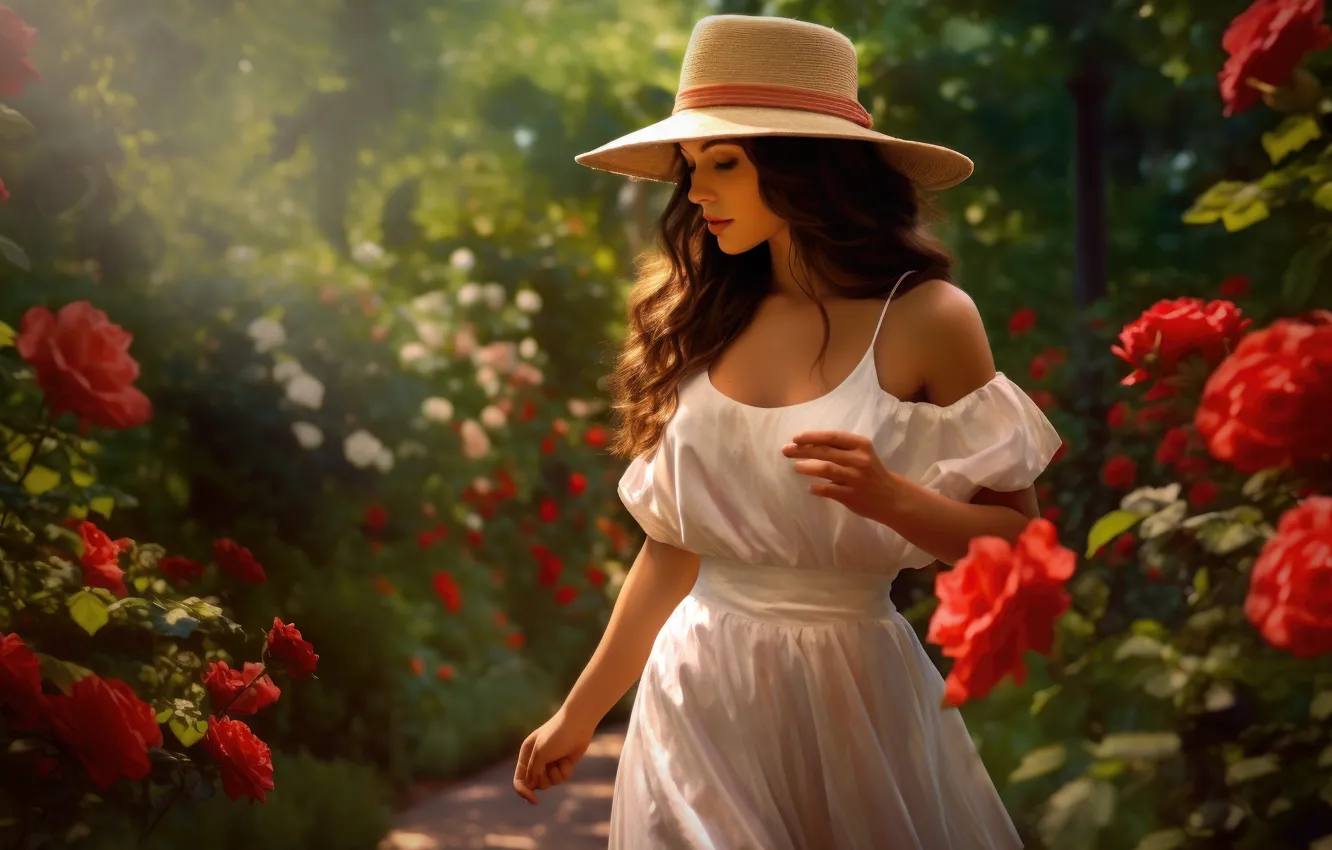 Photo wallpaper girl, flowers, red, roses, hat, garden, brunette, art