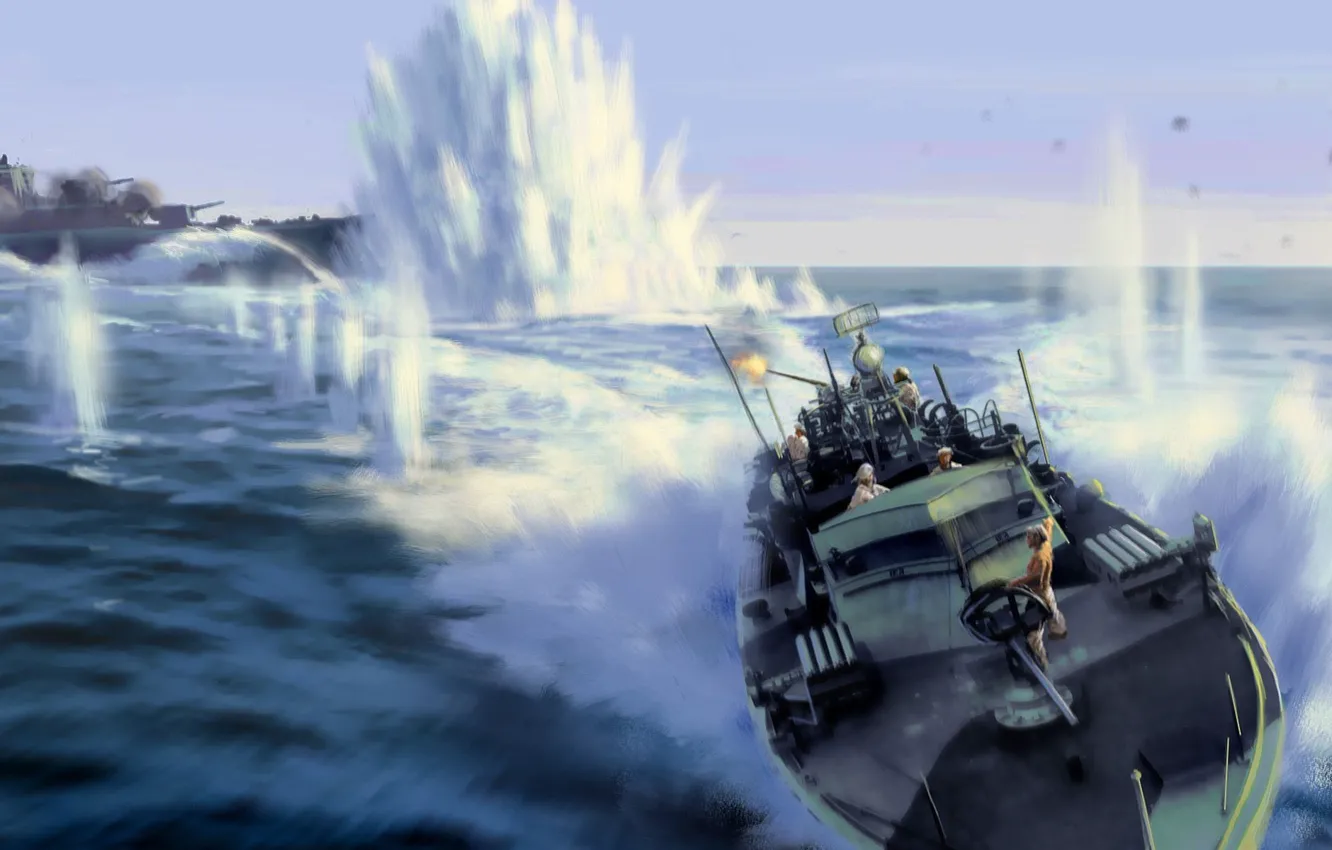 Photo wallpaper war, explosions, battle, Boat, shooting