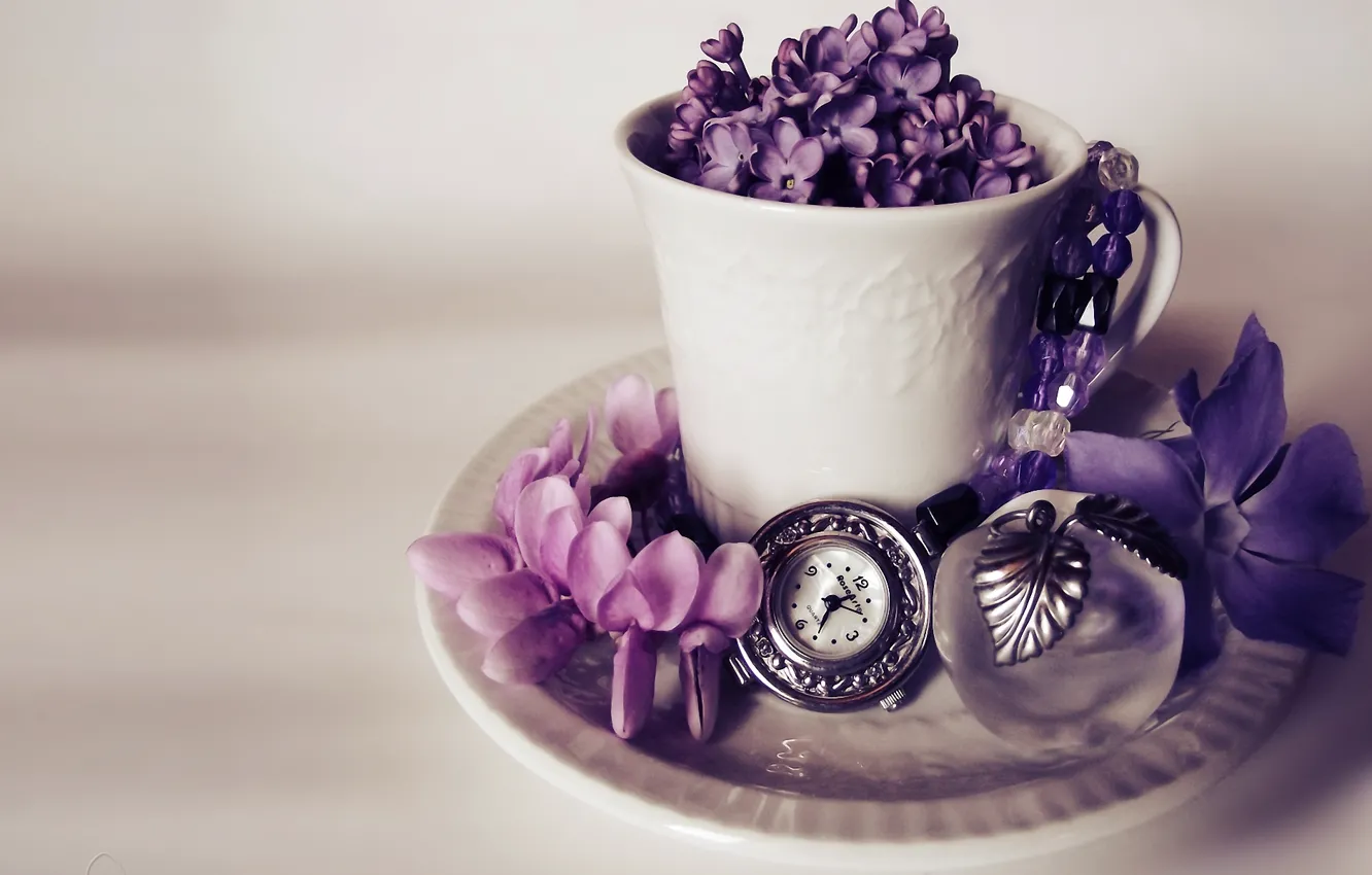 Photo wallpaper flowers, watch, Apple, mug, lilac, souvenir
