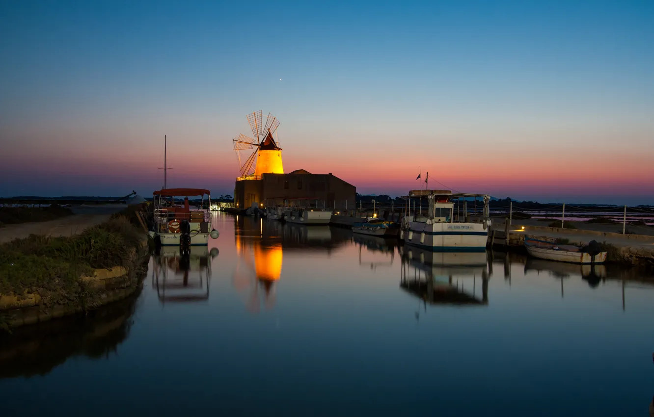 Photo wallpaper sea, the sky, night, lights, boat, harbour, windmill