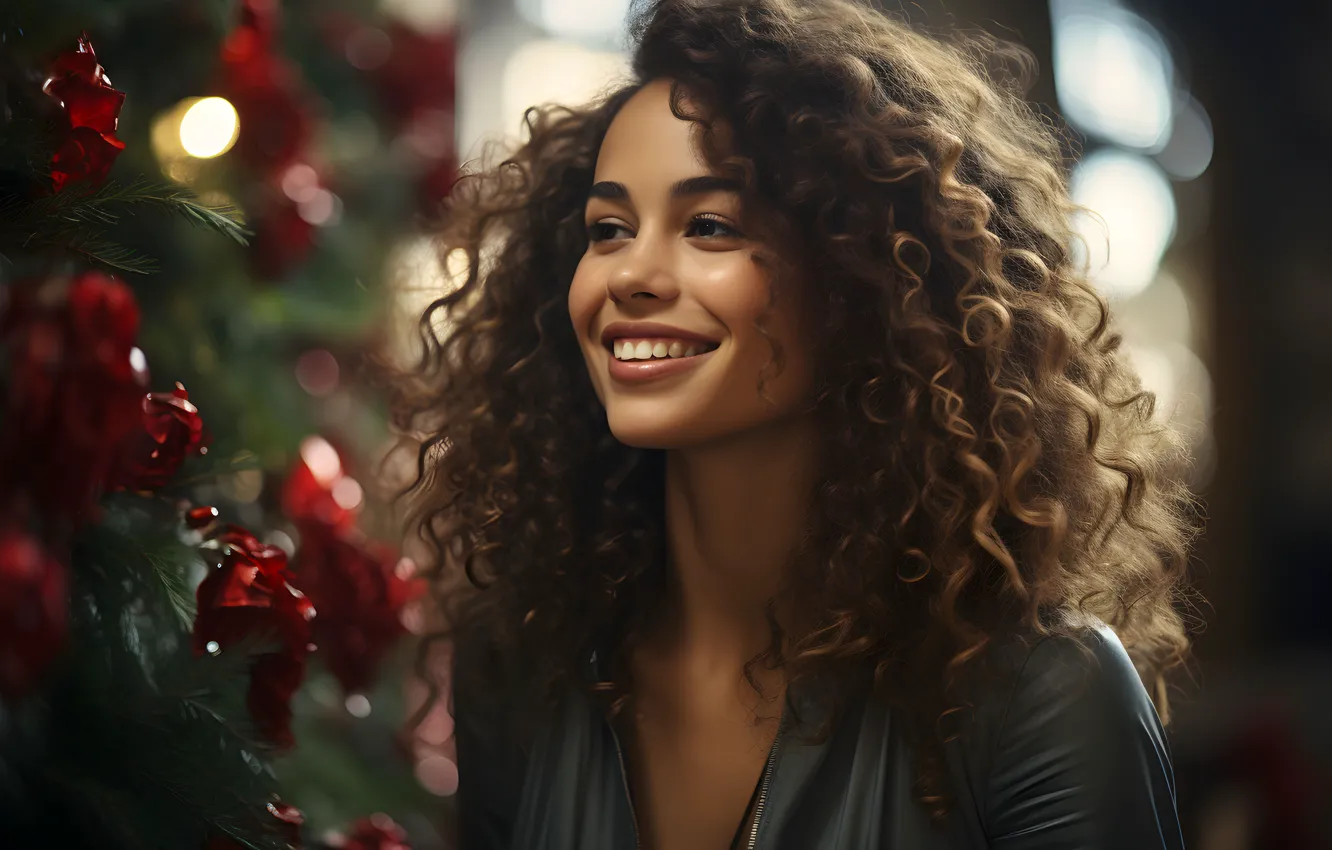 Photo wallpaper girl, joy, face, smile, emotions, holiday, new year, portrait