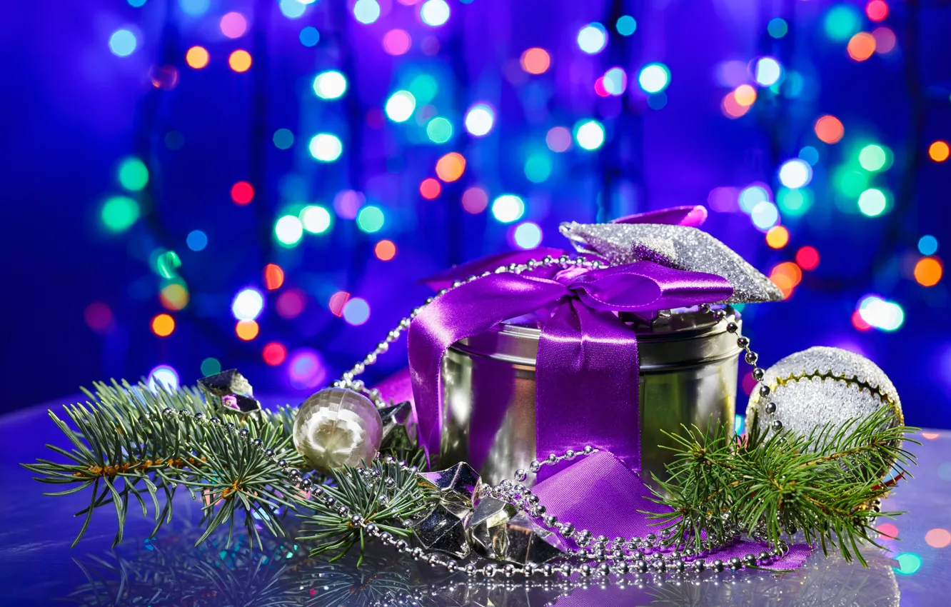 Photo wallpaper holiday, gift, toy, tree, beads, bokeh