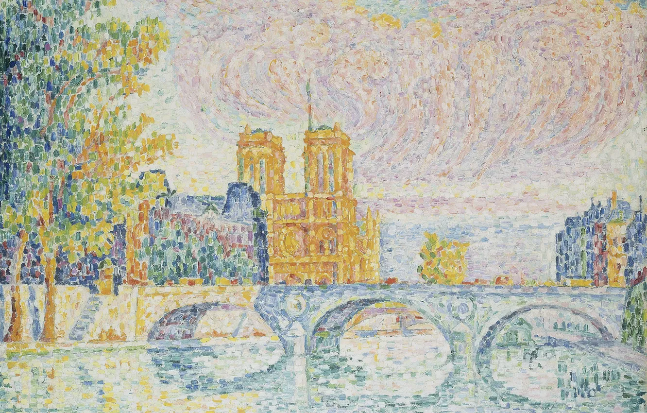 Photo wallpaper landscape, bridge, river, picture, Cathedral, Paul Signac, pointillism, The Ile De La Cité. Paris