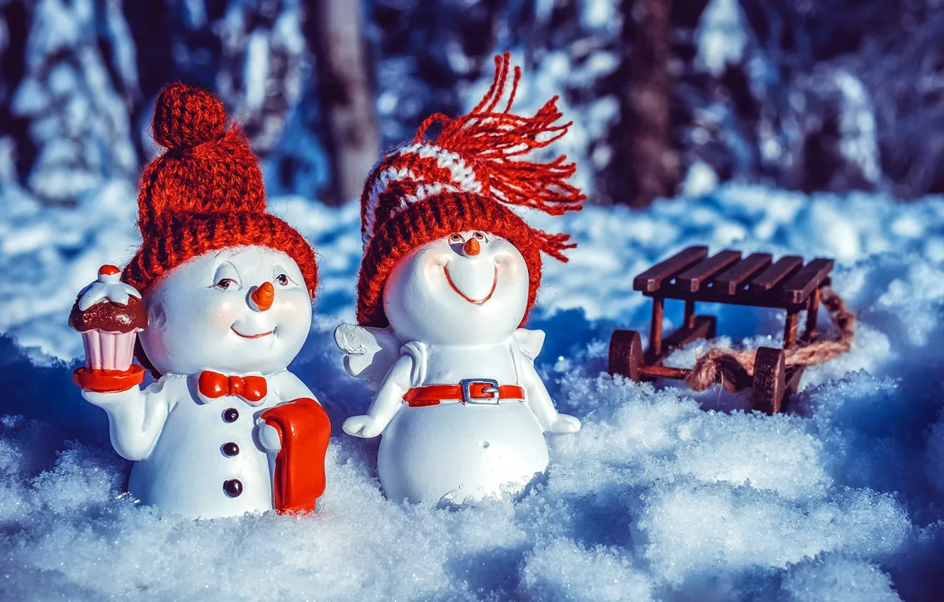 Photo wallpaper snow, new year, Christmas, snowmen, figures