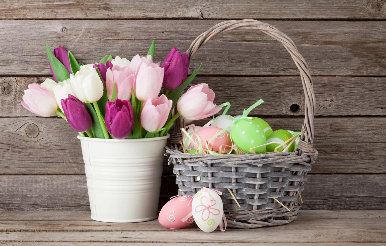 Photo wallpaper flowers, eggs, spring, colorful, Easter, happy, wood, pink