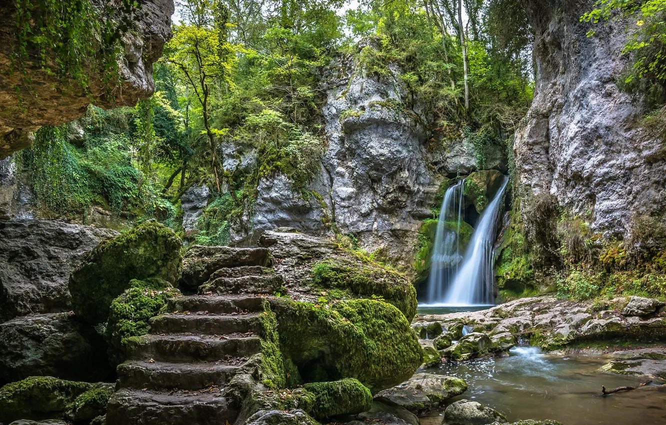 Photo wallpaper rocks, waterfall, ladder