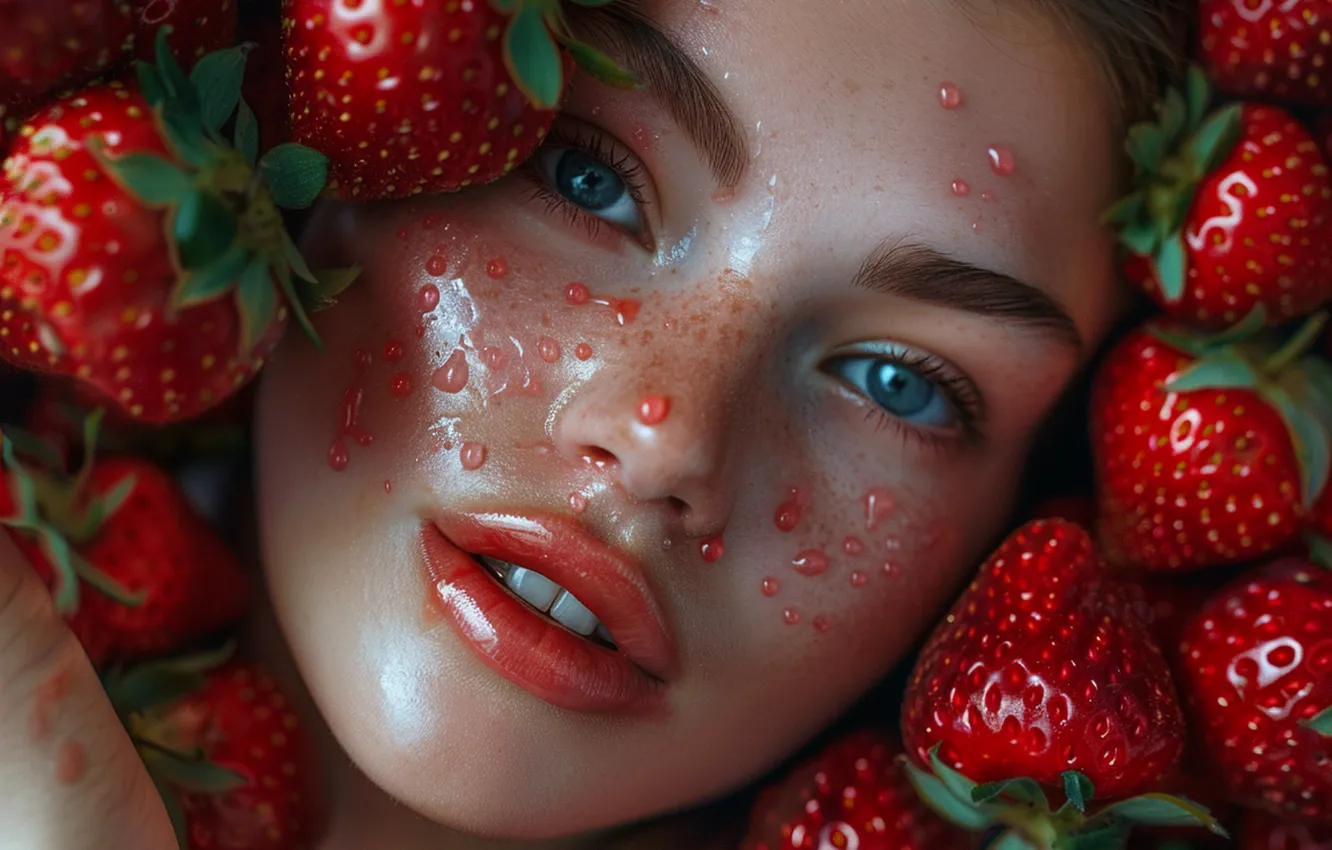 Photo wallpaper look, girl, drops, close-up, face, pose, berries, portrait