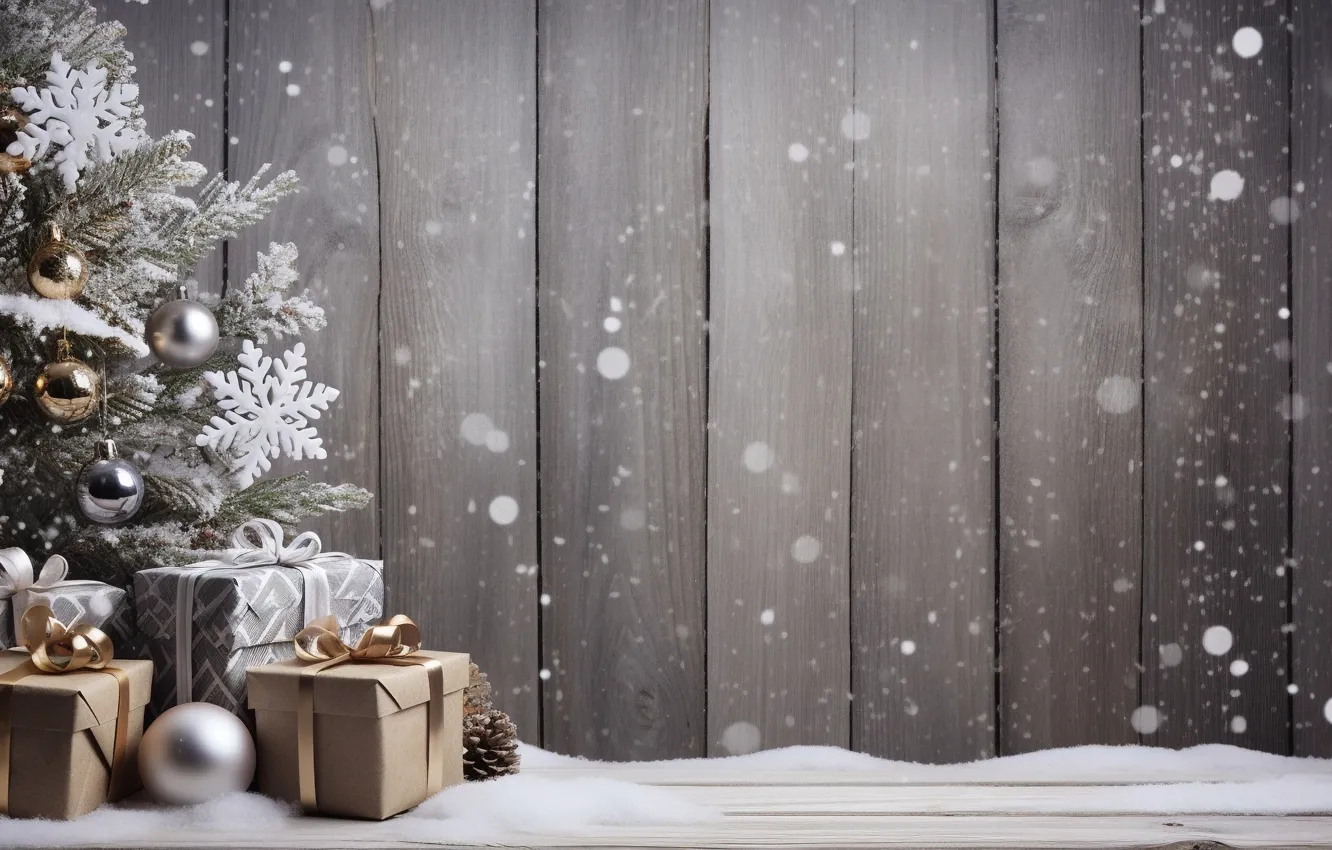 Photo wallpaper winter, snow, gift, balls, tree, new year, Christmas, golden