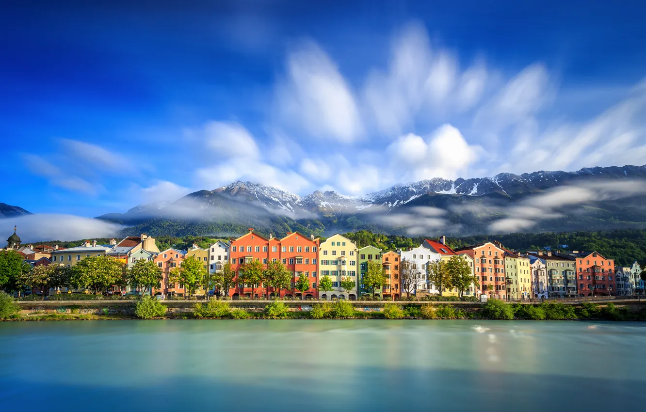 Photo wallpaper clouds, mountains, lake, home, Austria, Innsbruck