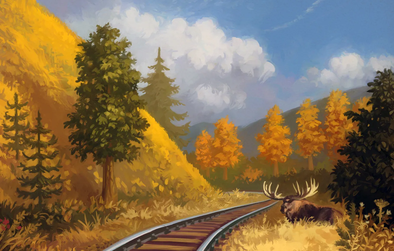 Photo wallpaper forest, nature, art, railroad, horns, moose